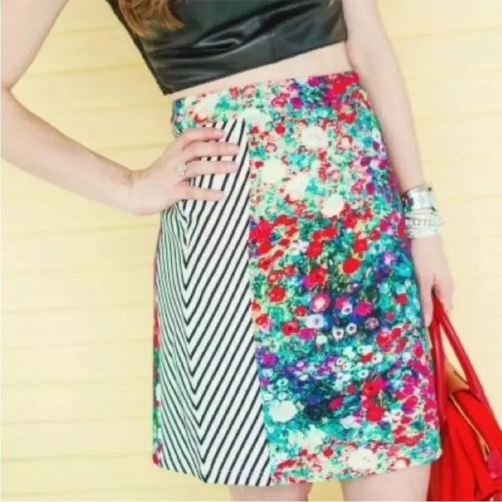 Anthropologie Tabitha Floral Watercolor Striped Pencil Skirt